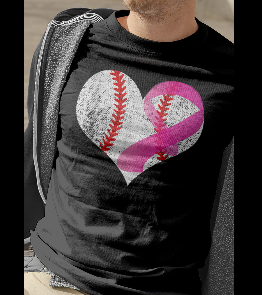 Baseball Heart Pink Ribbon Breast Cancer Awareness Mom81 T-Shirt