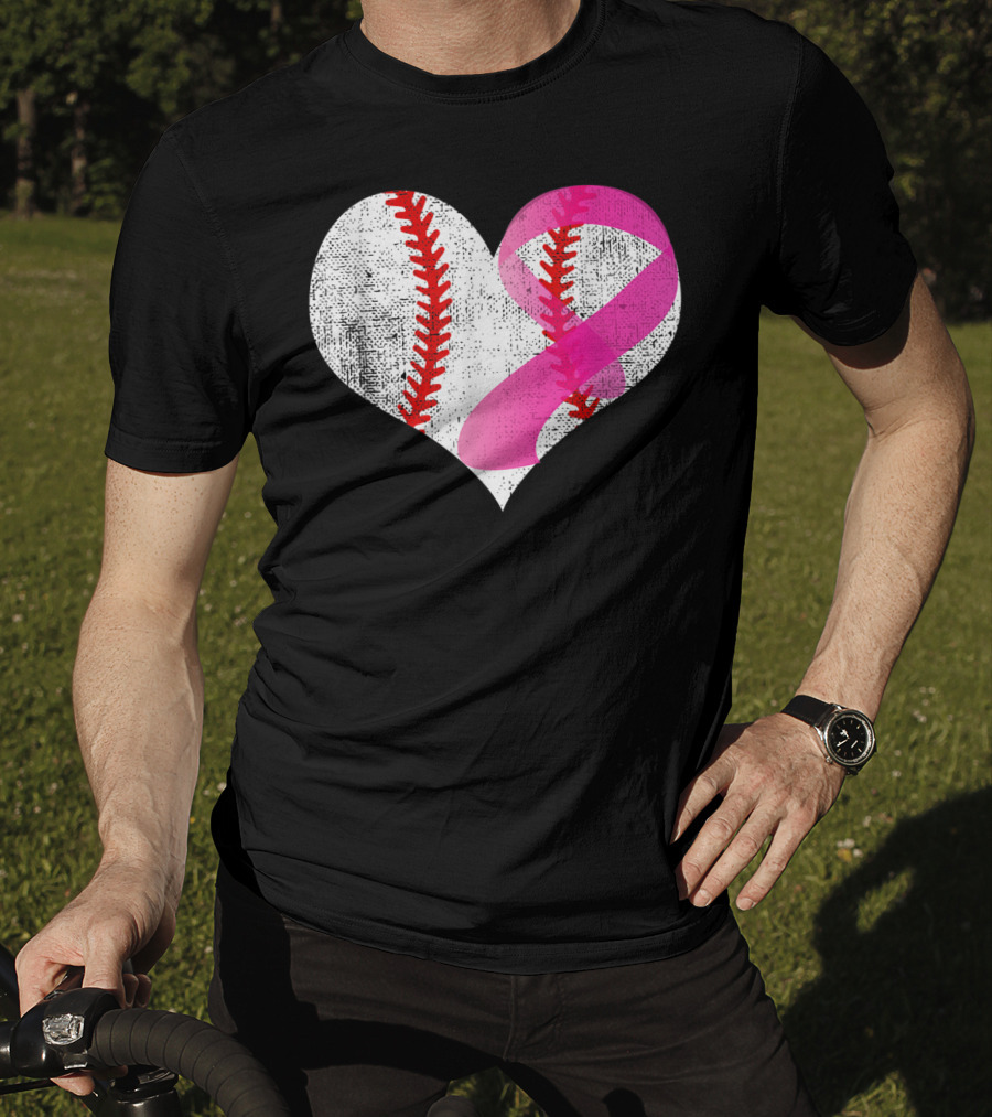 Baseball Heart Pink Ribbon Breast Cancer Awareness Mom81 T-Shirt
