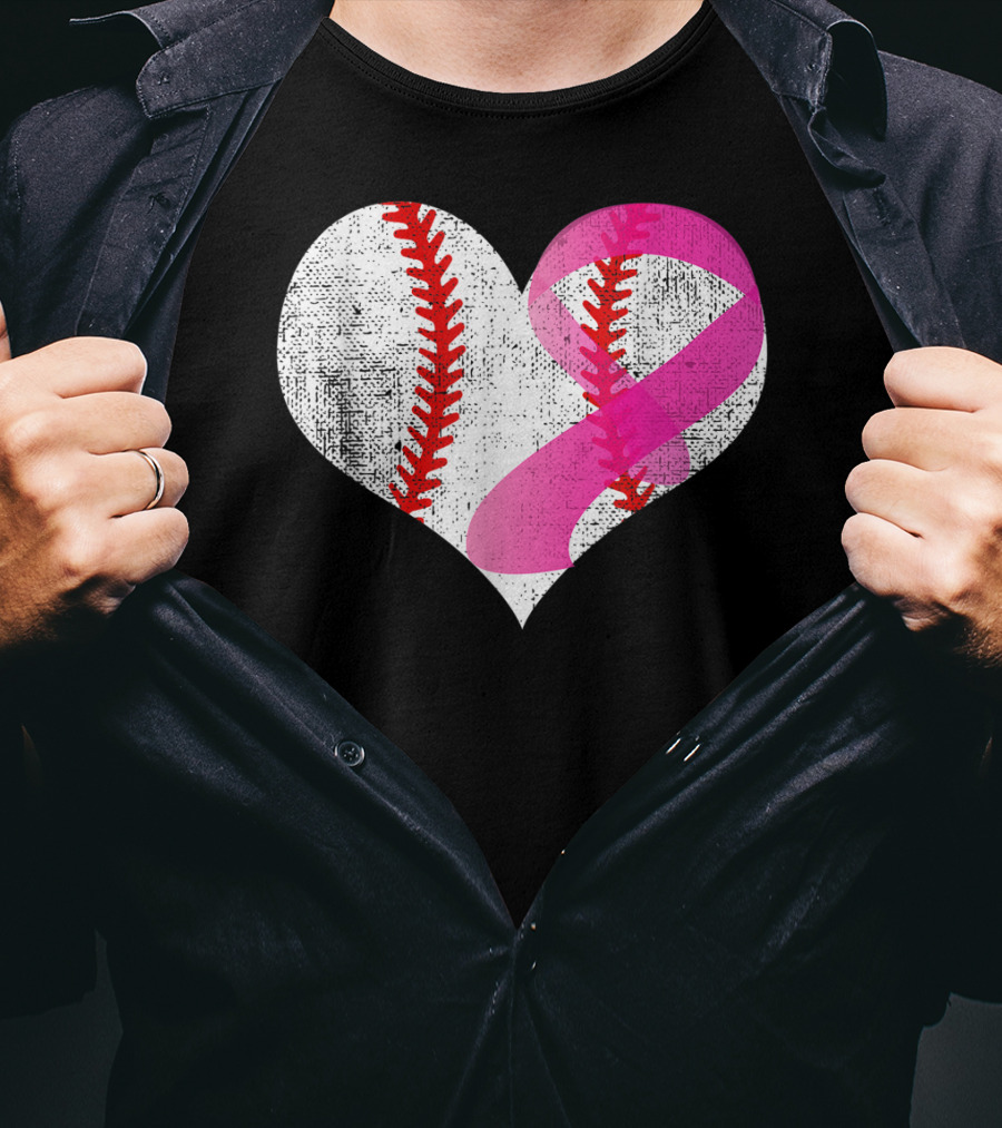Baseball Heart Pink Ribbon Breast Cancer Awareness Mom81 T-Shirt