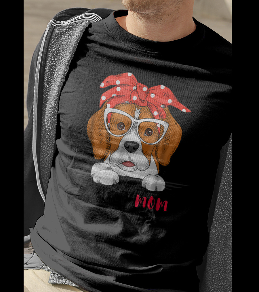 Beagle Mom With Glasses And Red Bow T-Shirt