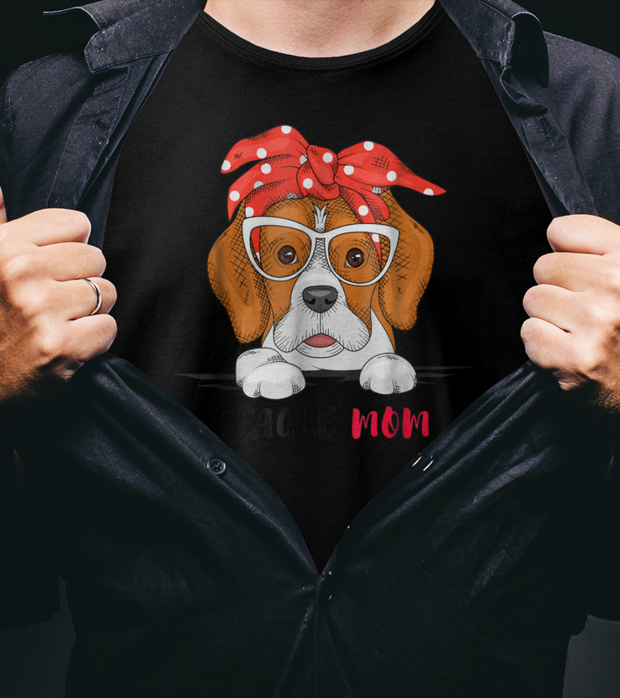 Beagle Mom With Glasses And Red Bow T-Shirt