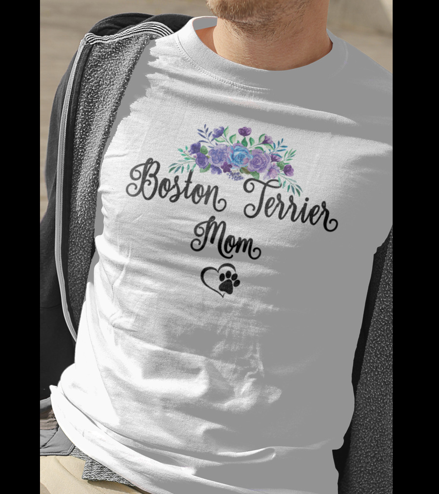 Boston Terrier Mom Floral Pawprint Heart T-Shirt