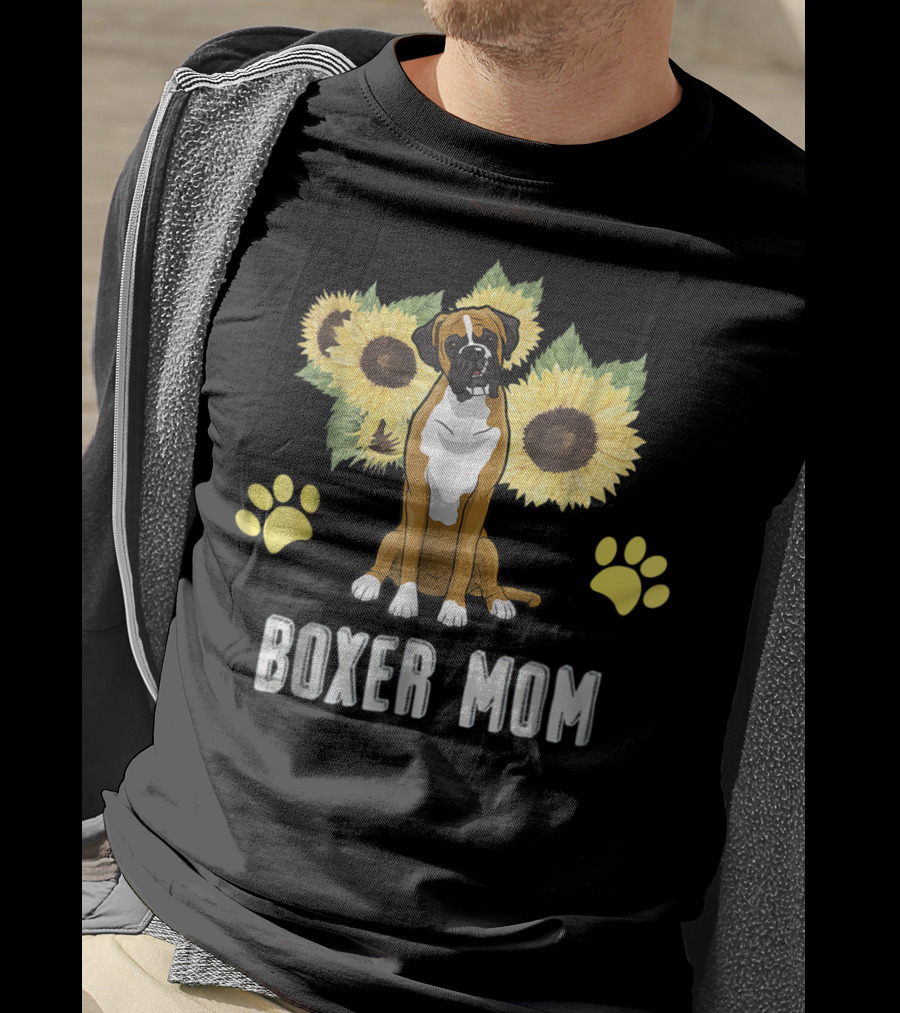 Boxer Mom Sunflowers Paw Prints T-Shirt