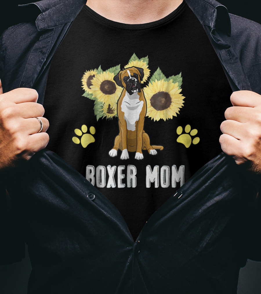 Boxer Mom Sunflowers Paw Prints T-Shirt