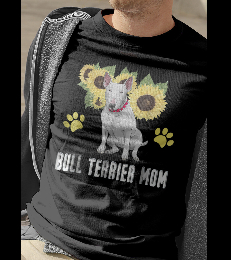 Bull Terrier Mom With Sunflowers And Paw Prints T-Shirt