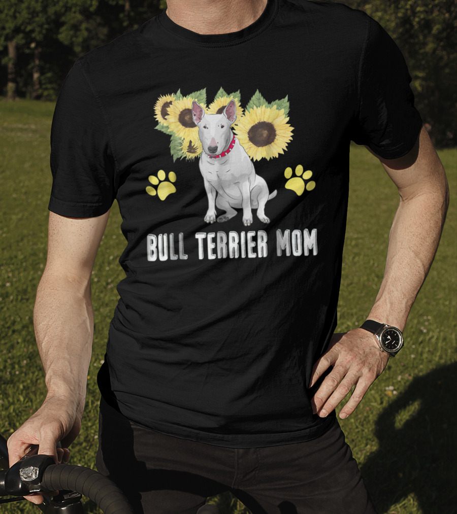 Bull Terrier Mom With Sunflowers And Paw Prints T-Shirt