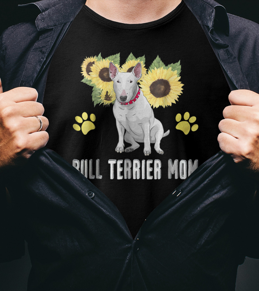 Bull Terrier Mom With Sunflowers And Paw Prints T-Shirt