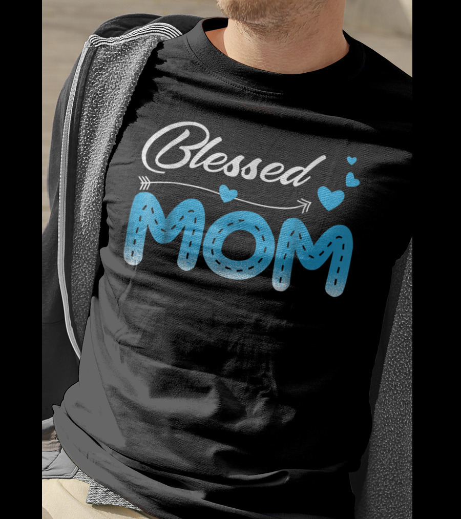 Blessed Mom Arrow Heart Blue Stitch T-Shirt