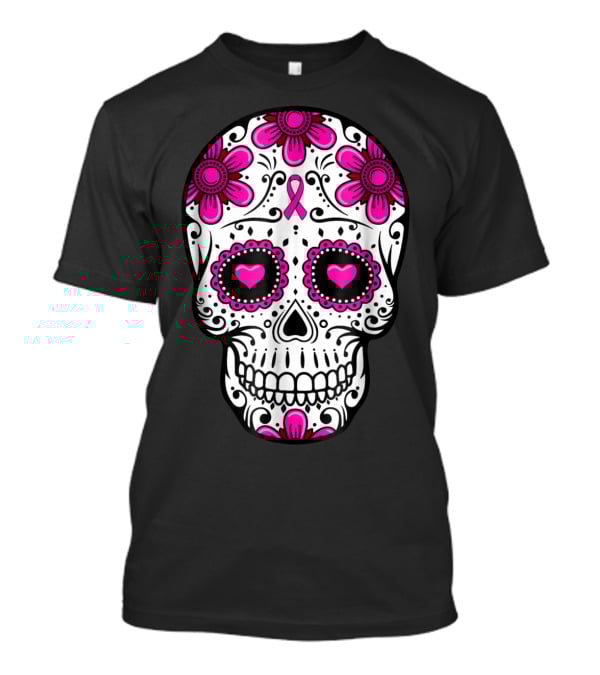Breast Cancer Awareness Skull Pink Ribbon Mom Wife Floral T-Shirt