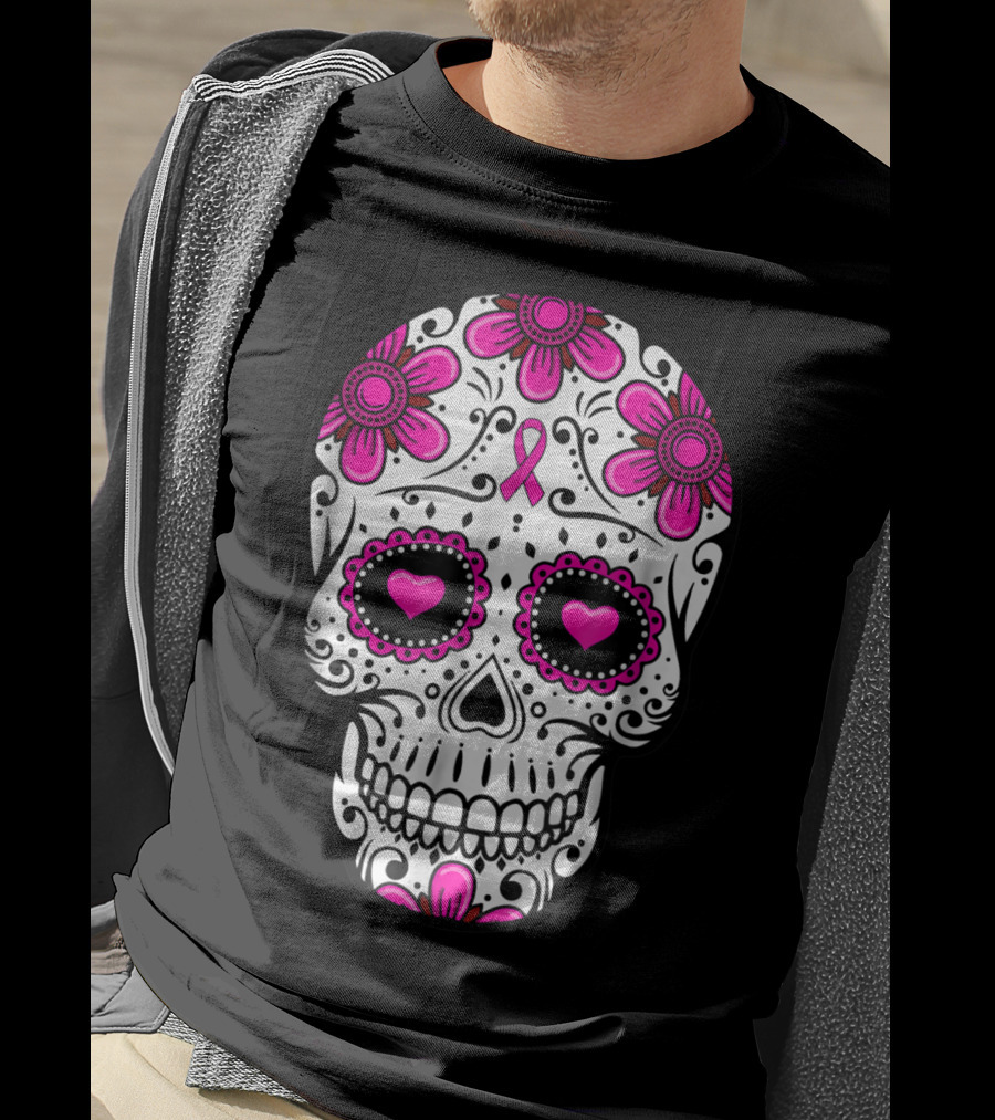 Breast Cancer Awareness Skull Pink Ribbon Mom Wife Floral T-Shirt