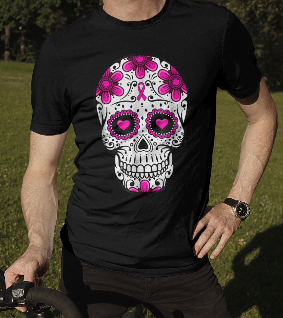 Breast Cancer Awareness Skull Pink Ribbon Mom Wife Floral T-Shirt