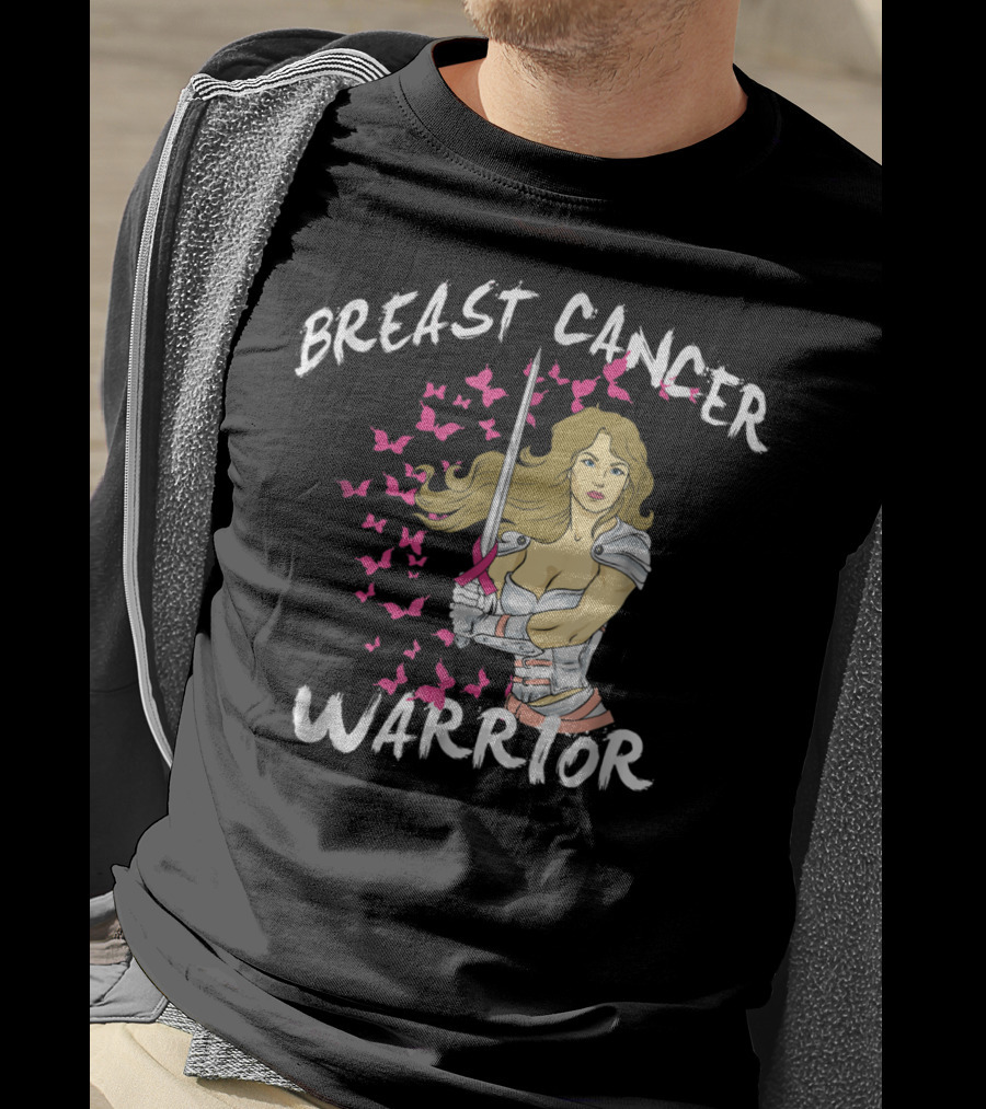 Breast Cancer Warrior Mom Knight With Ribbon Sword And Butterflies T-Shirt