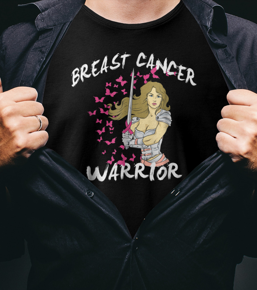 Breast Cancer Warrior Mom Knight With Ribbon Sword And Butterflies T-Shirt