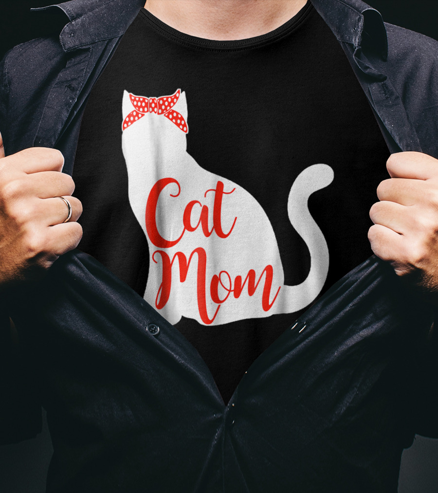 Cat Mom Cute Cat Owner Lover With Red Bow T-Shirt