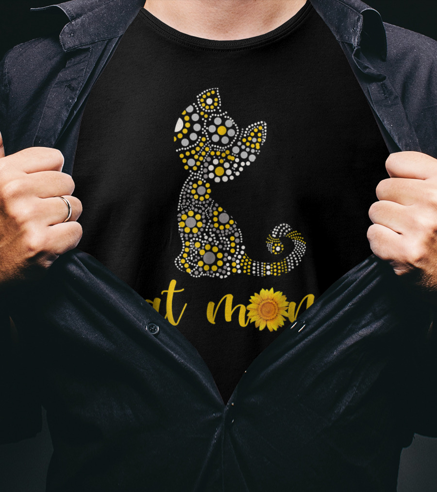 Cat Mom Sunflower Dot Art Funny Cat Lover 90 T-Shirt