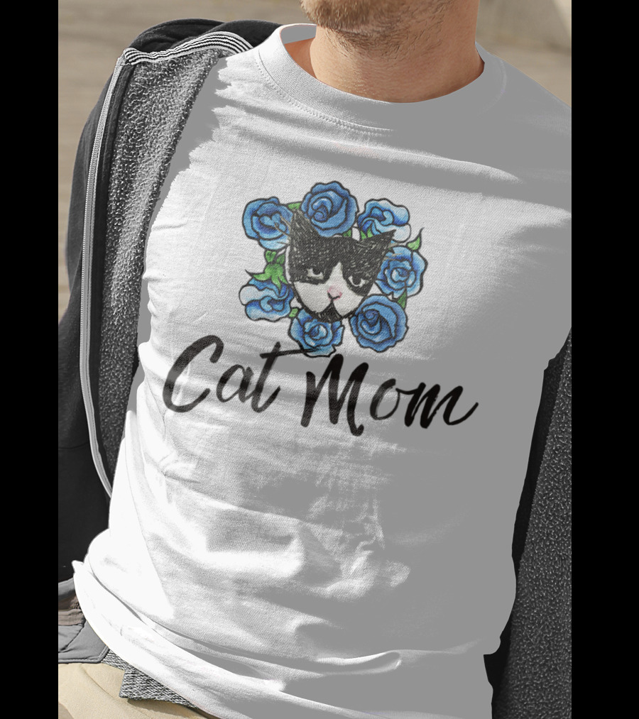 Cat Mom Floral Tuxedo Cat Blue Roses T-Shirt