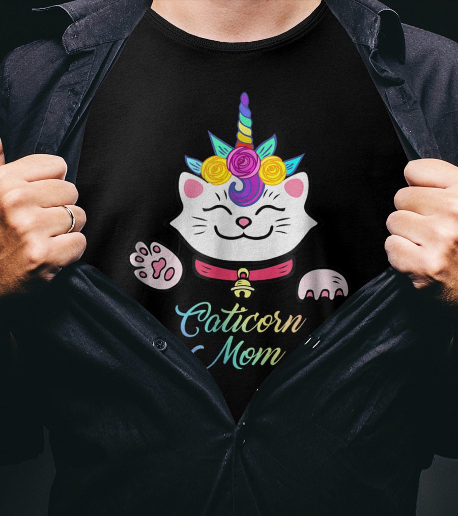 Caticorn Mom Cute Kitten Rainbow Unicorn Cat With Flowers T-Shirt