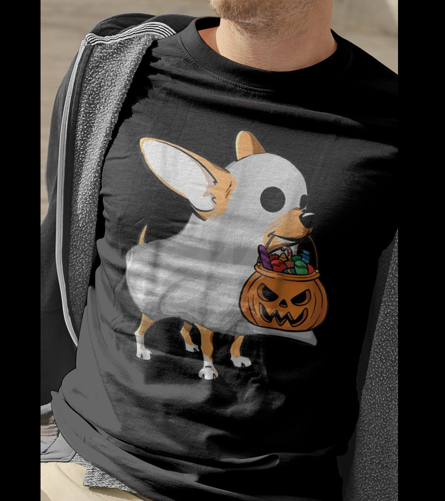 Ghost Chihuahua Trick-or-Treat Pumpkin Basket T-Shirt
