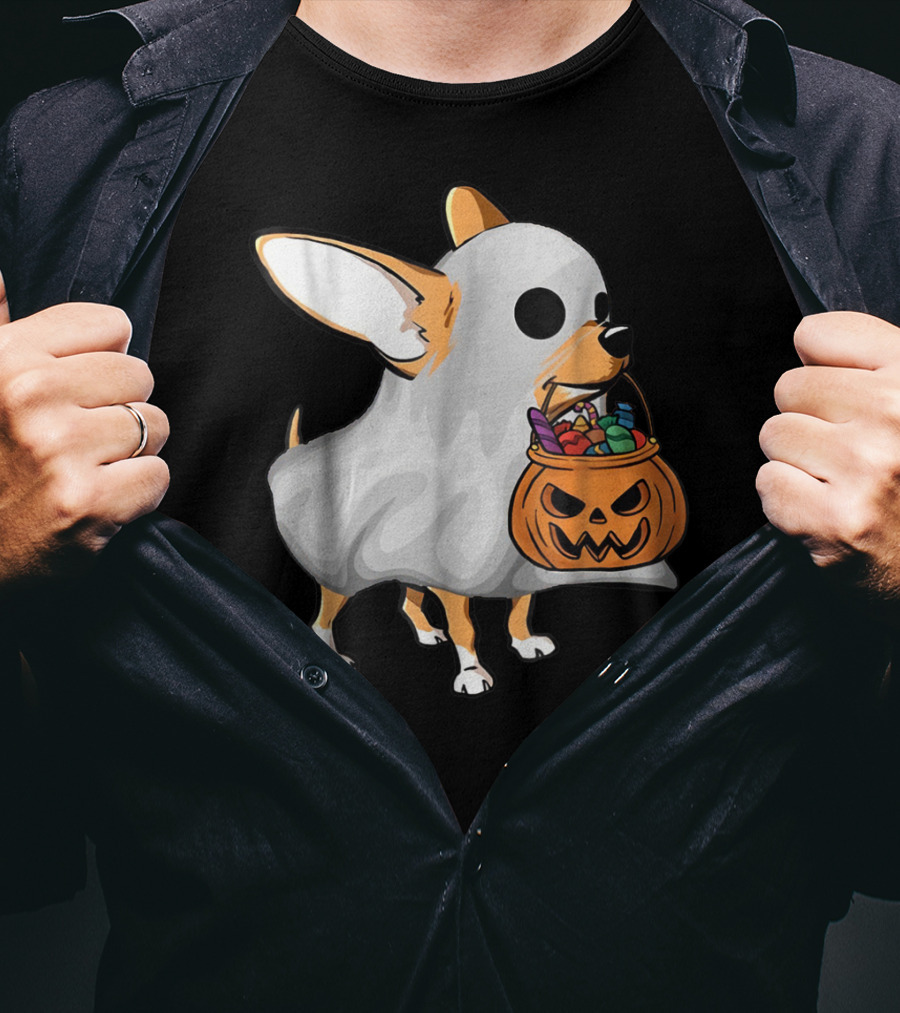 Ghost Chihuahua Trick-or-Treat Pumpkin Basket T-Shirt
