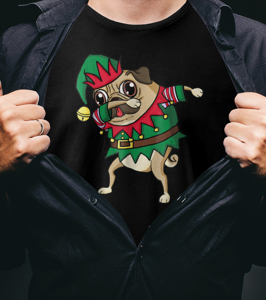 Christmas Dabbing Pug Dog Elf Costume With Festive Hat And Green Red T-Shirt