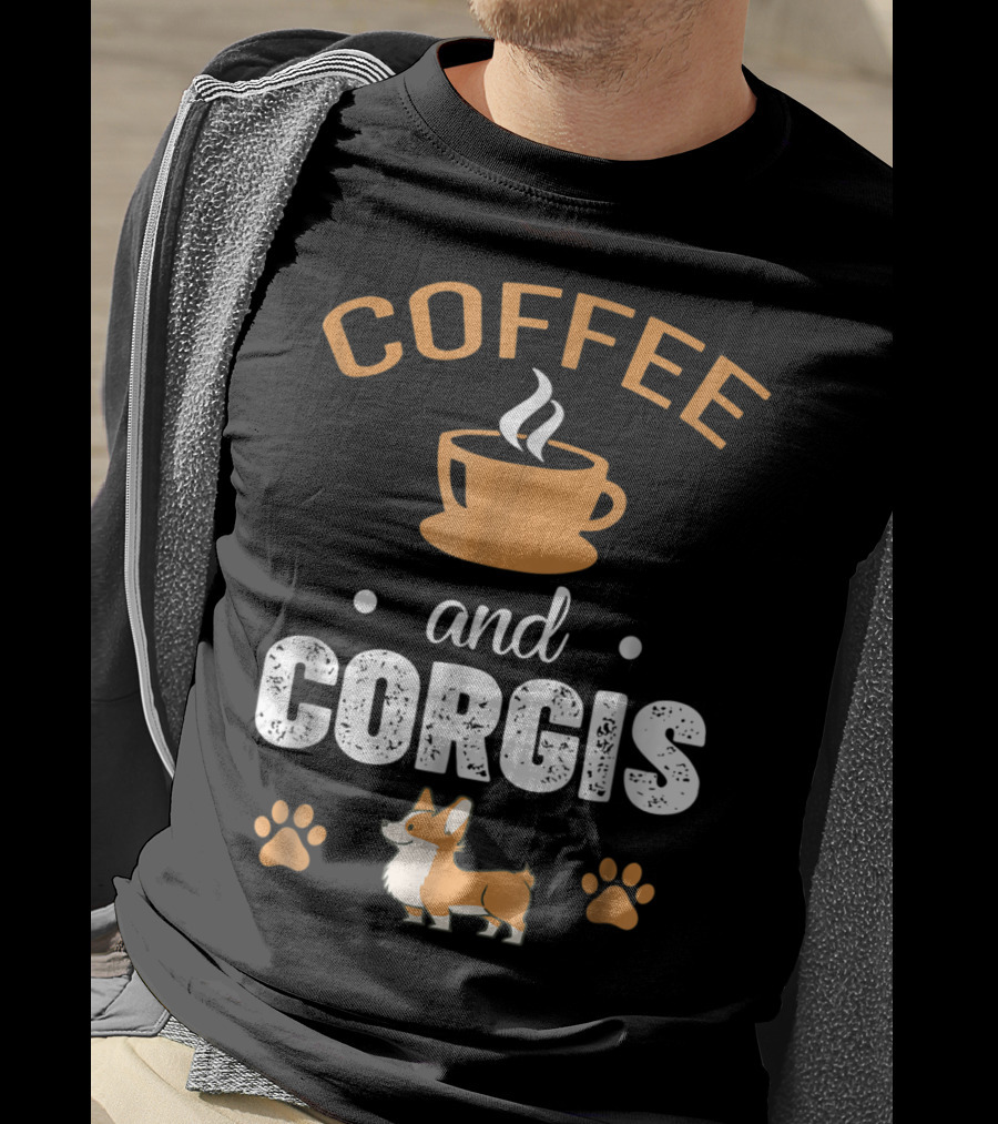 Coffee And Corgis Cute Welsh Corgi With Paw Prints And Coffee Cup T-Shirt