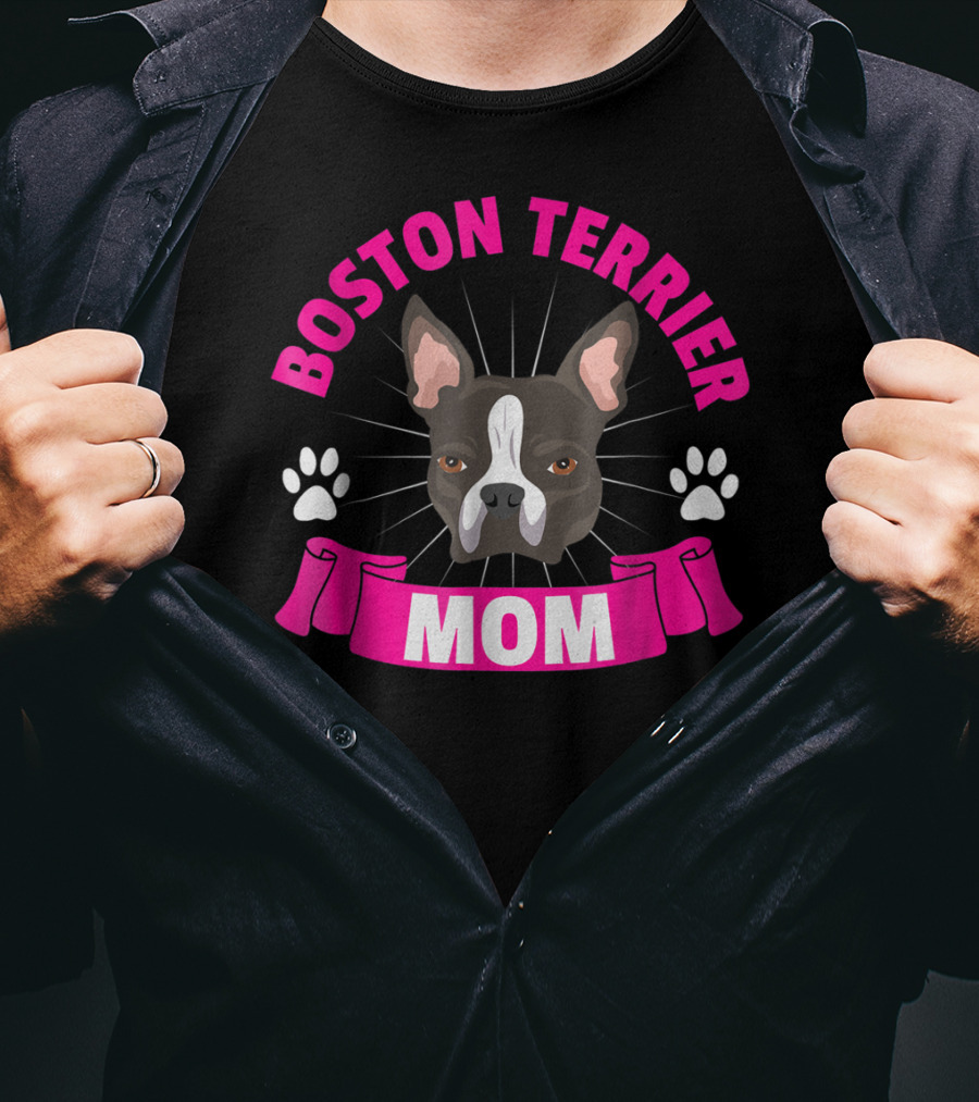 Boston Terrier Mom Cute Dog Face Paw Print Charm T-Shirt
