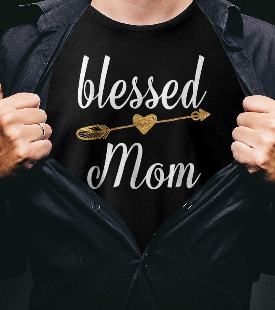 Blessed Mom Gold Heart Arrow T-Shirt