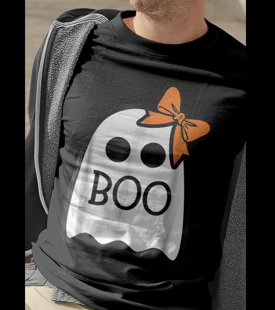 Cute Ghost Boo With Orange Bow For Halloween T-Shirt