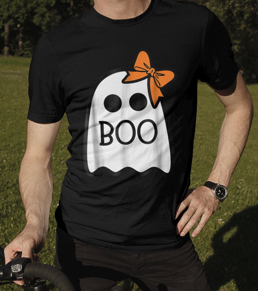 Cute Ghost Boo With Orange Bow For Halloween T-Shirt