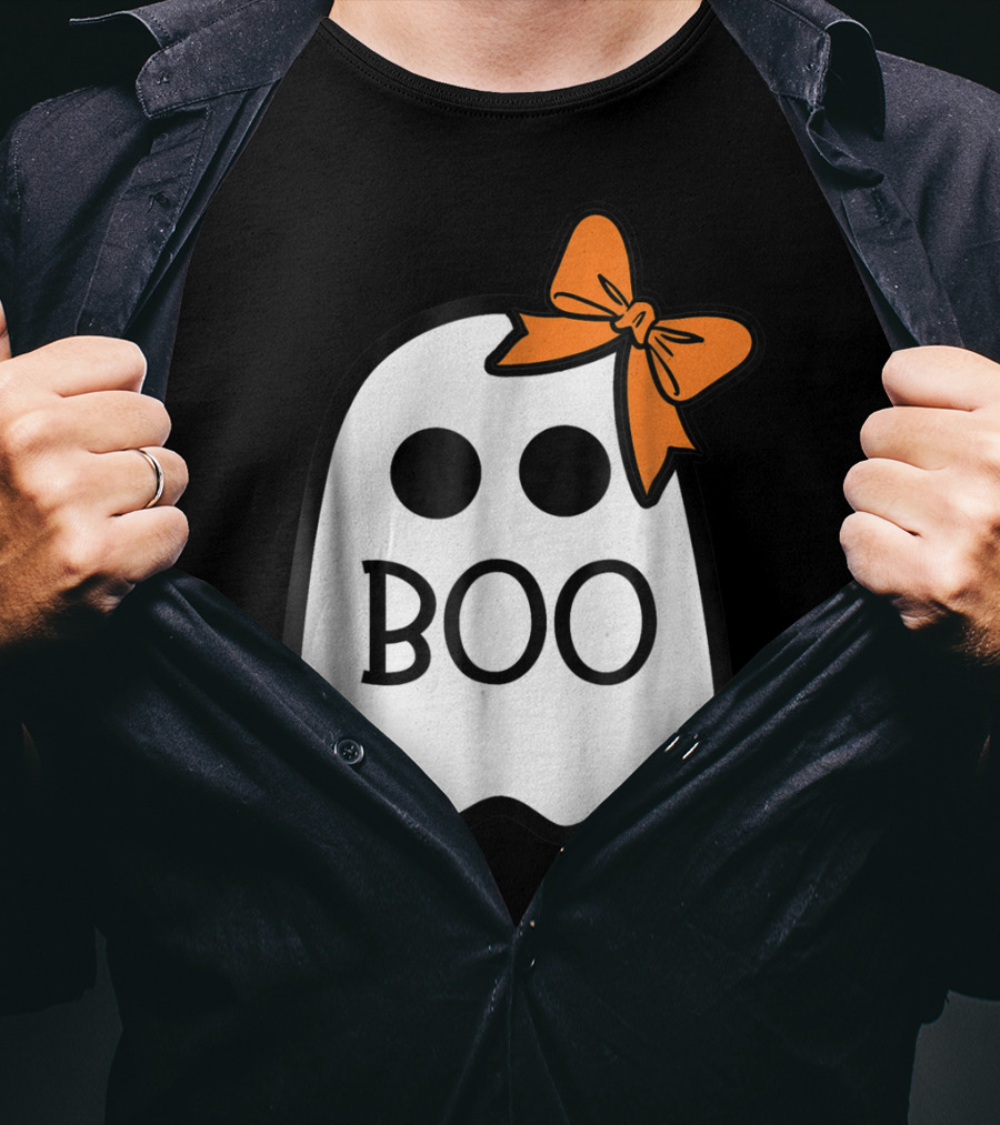 Cute Ghost Boo With Orange Bow For Halloween T-Shirt