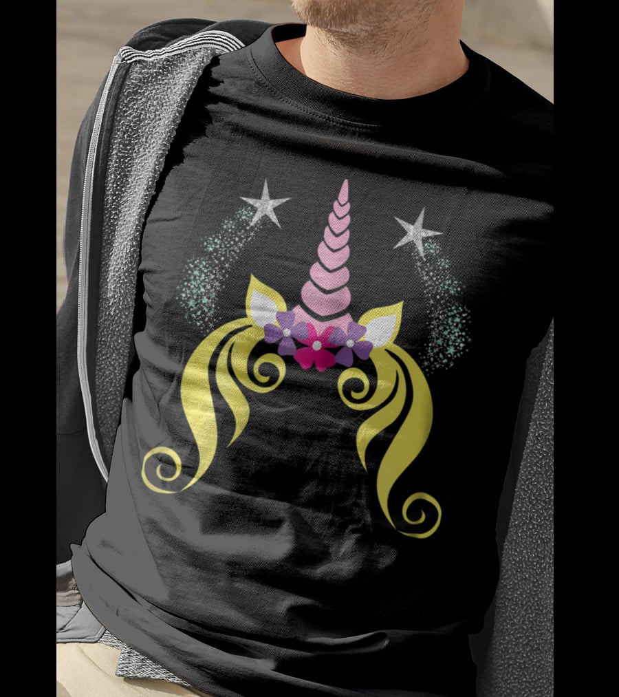 Floral Unicorn Face With Sparkling Stars Birthday T-Shirt