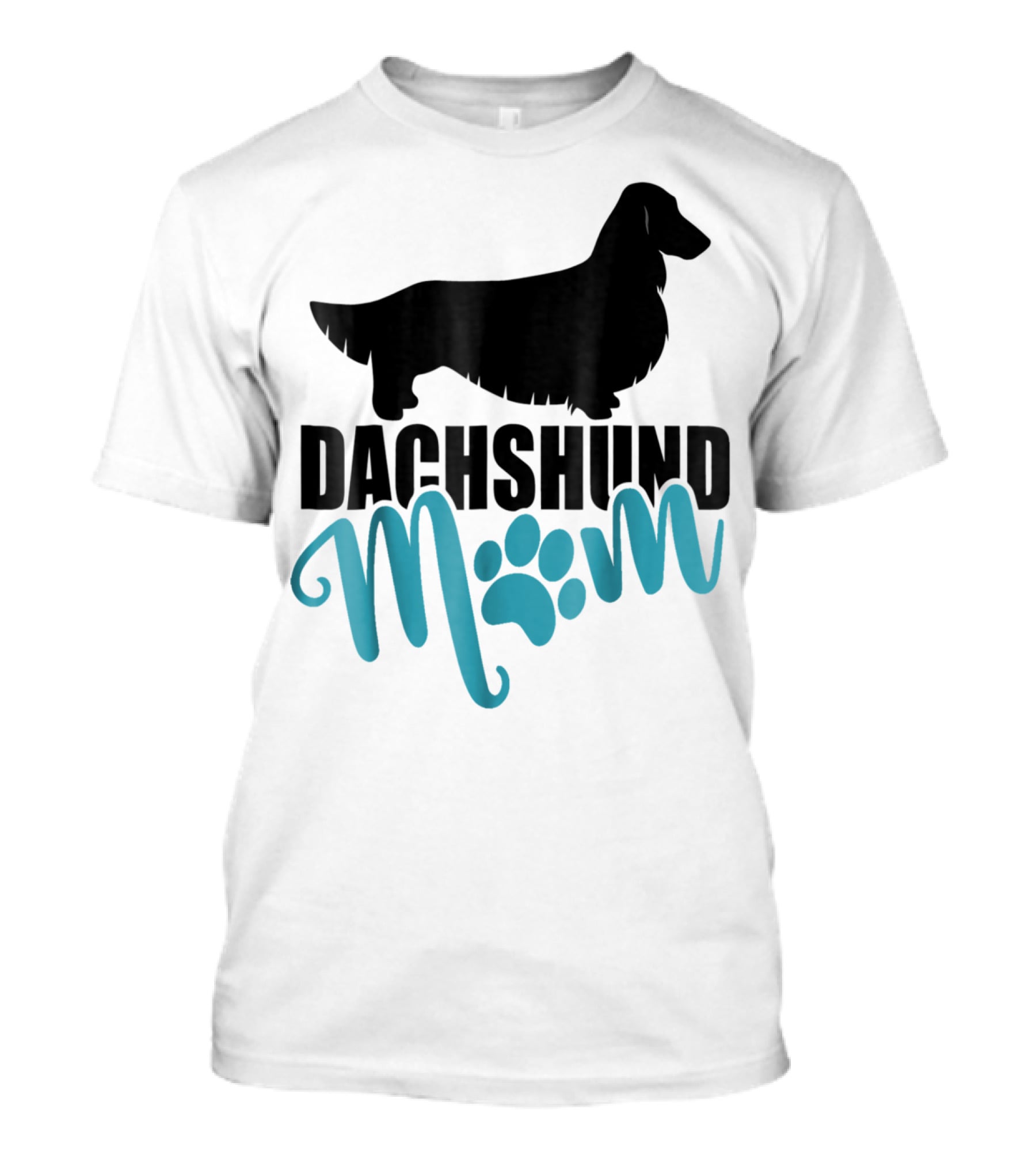 Dachshund Mom Longhair Silhouette With Blue Pawprint Accent T-Shirt
