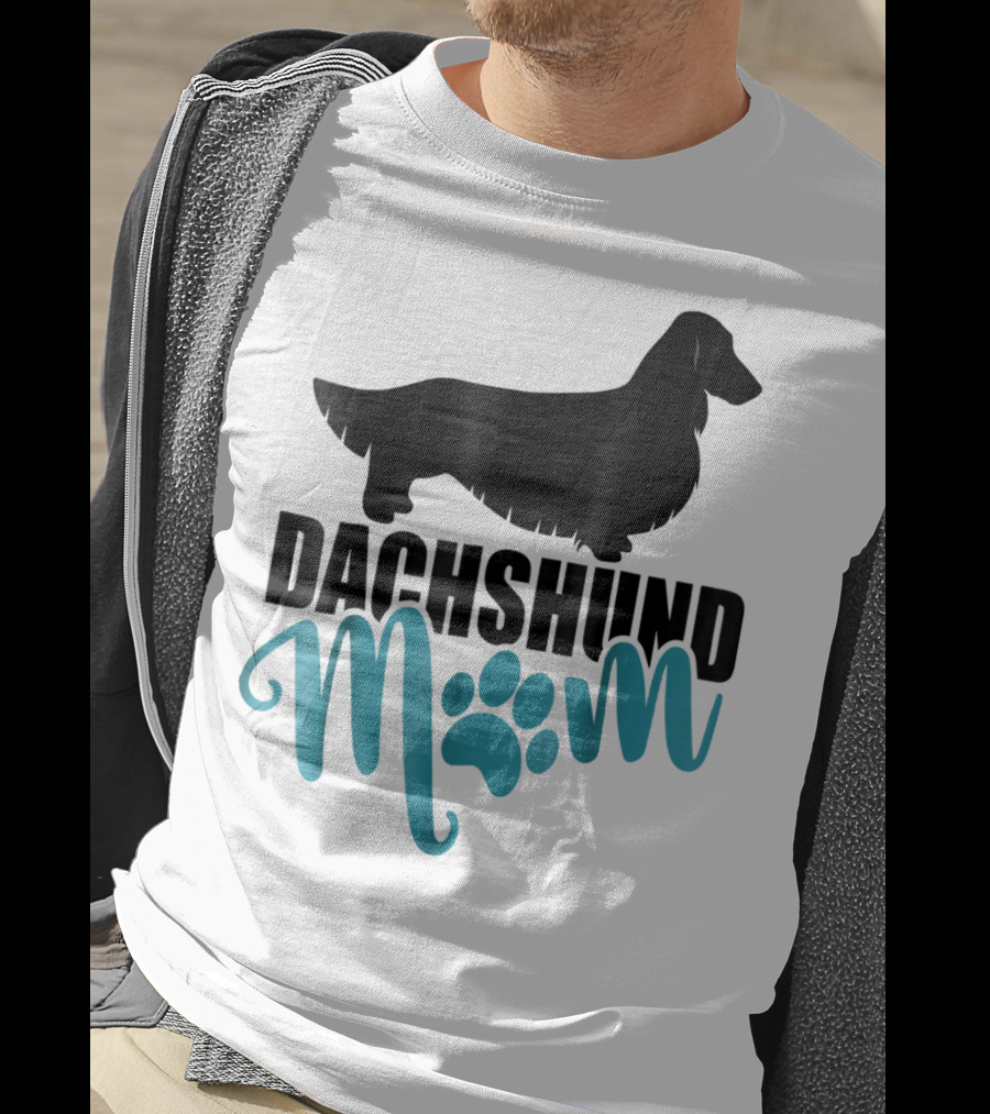 Dachshund Mom Longhair Silhouette With Blue Pawprint Accent T-Shirt
