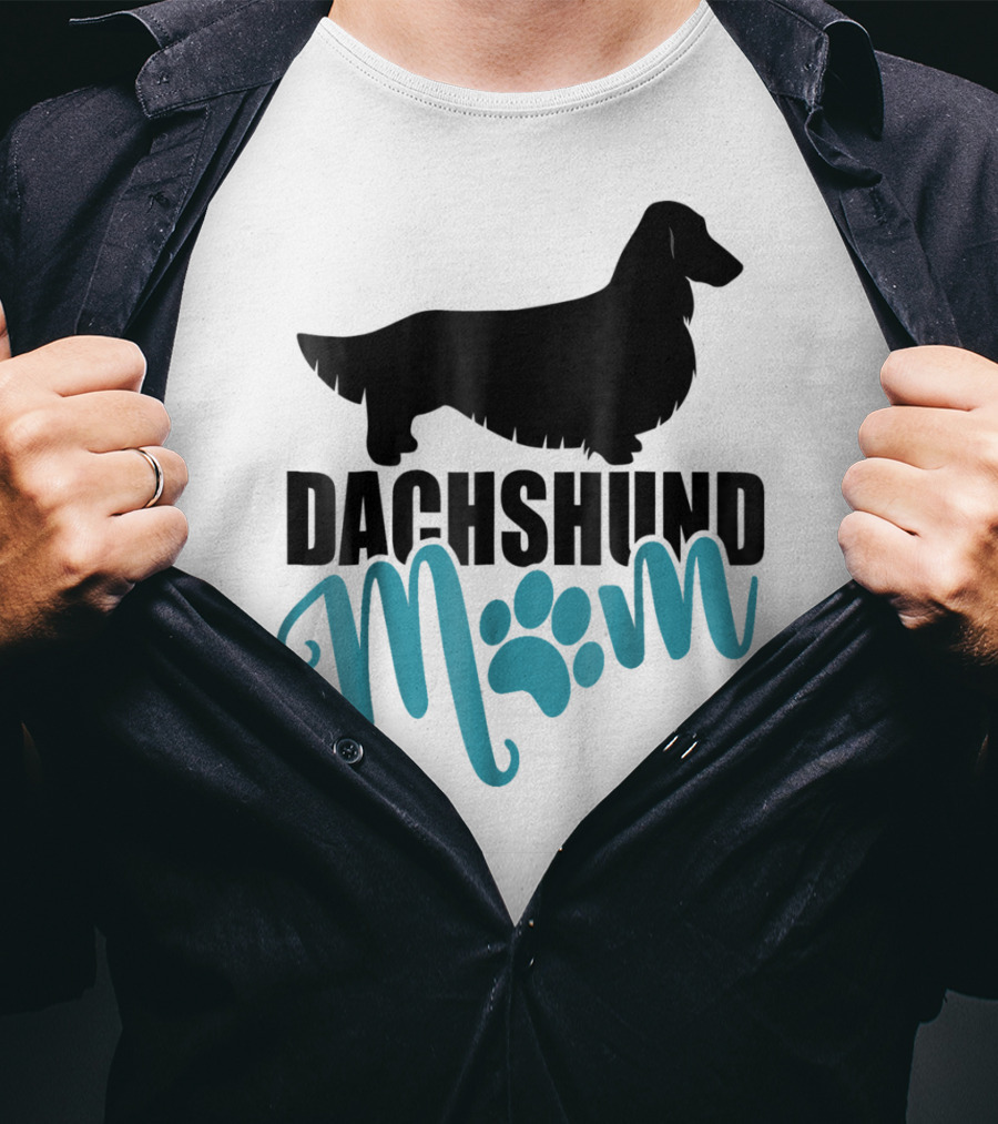 Dachshund Mom Longhair Silhouette With Blue Pawprint Accent T-Shirt