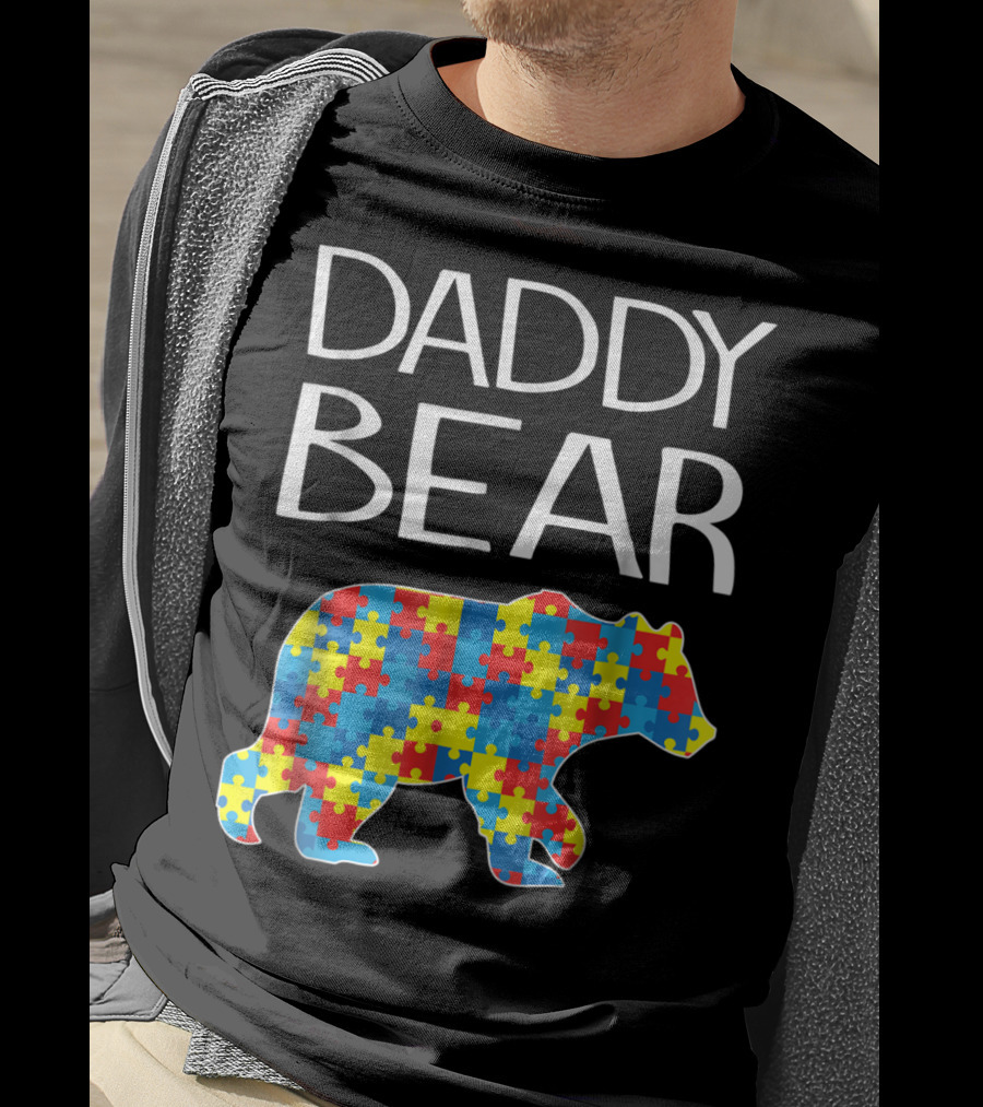 Daddy Bear Autism Puzzle Pattern Child Dad T-Shirt