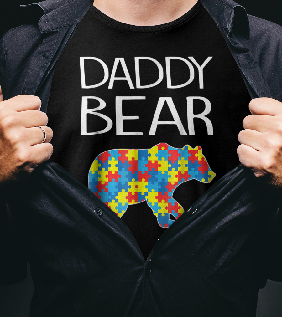 Daddy Bear Autism Puzzle Pattern Child Dad T-Shirt
