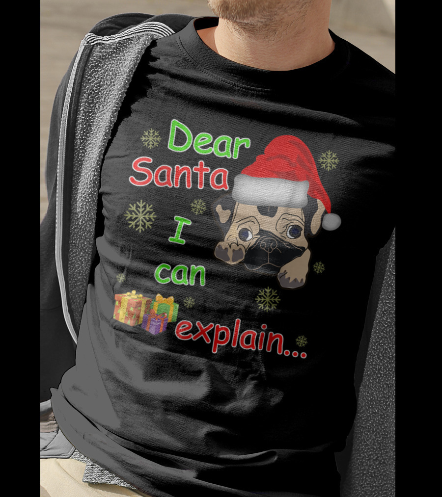 Dear Santa I Can Explain Pug In Santa Hat With Snowflakes And Presents T-Shirt
