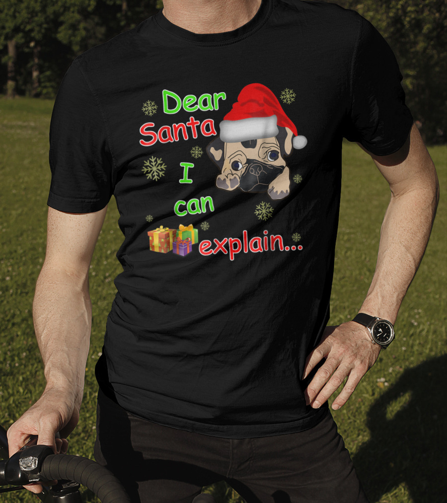 Dear Santa I Can Explain Pug In Santa Hat With Snowflakes And Presents T-Shirt