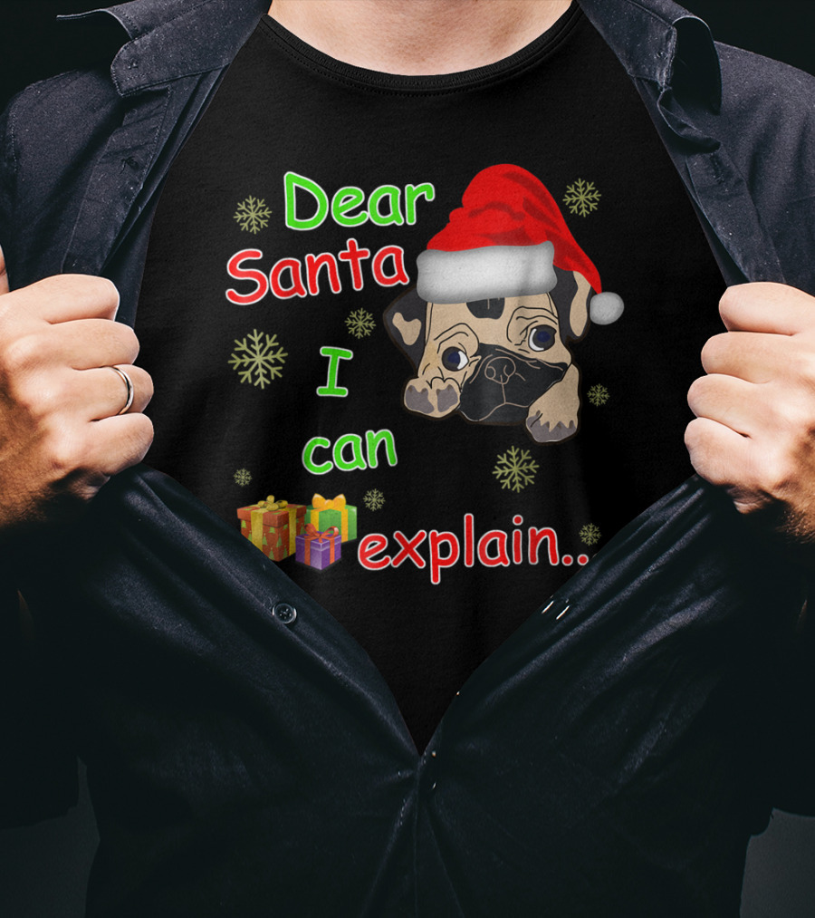 Dear Santa I Can Explain Pug In Santa Hat With Snowflakes And Presents T-Shirt