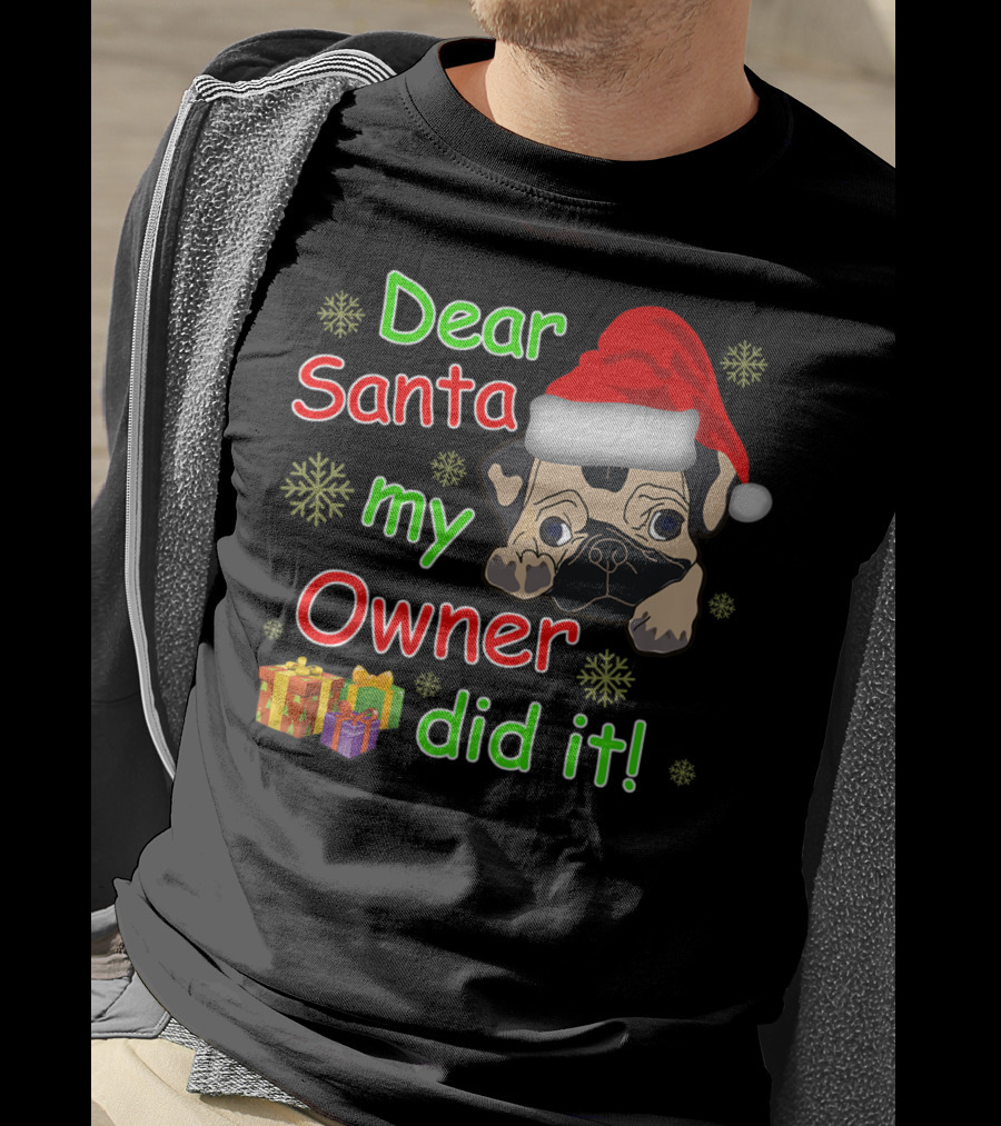 Dear Santa My Owner Did It Pug Santa Hat Snowflakes Presents T-Shirt