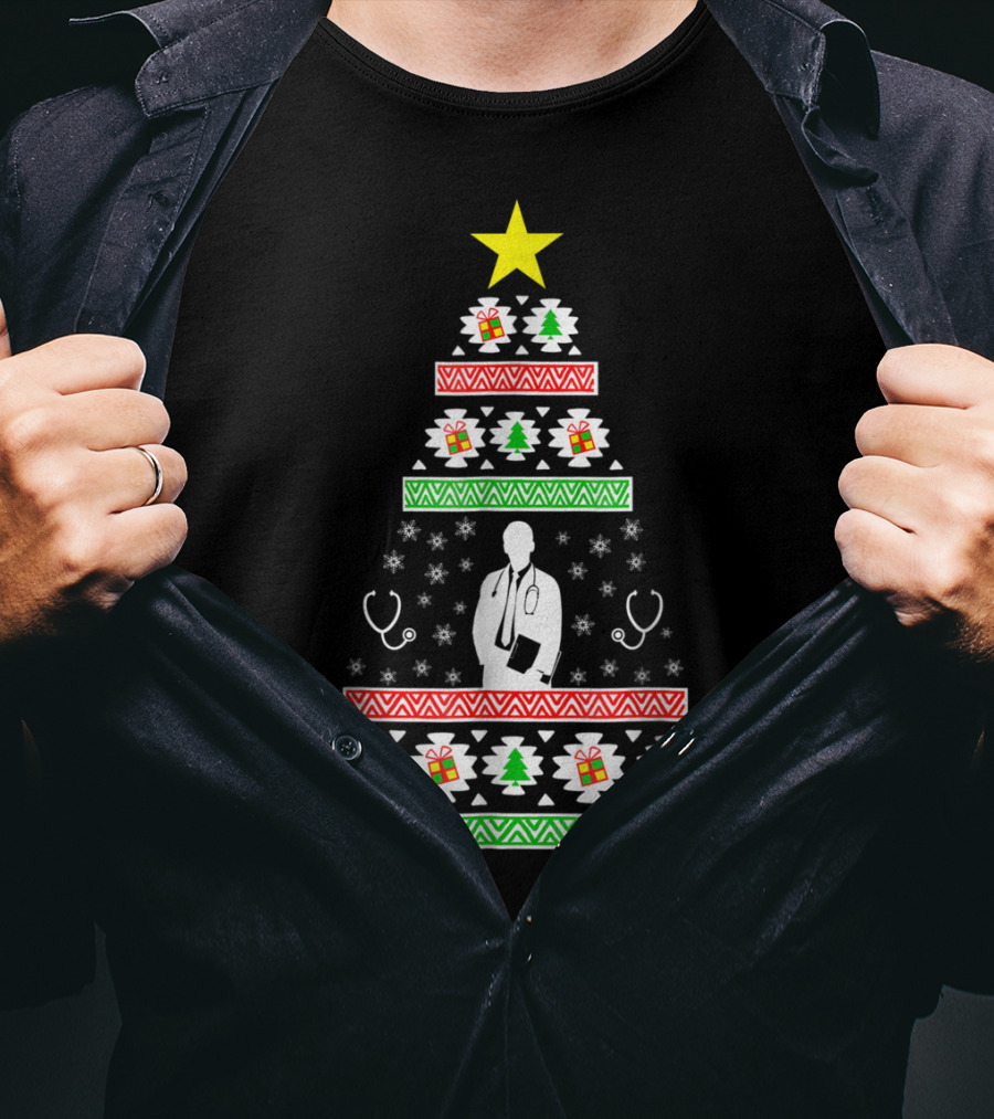 Doctor Christmas Tree Stethoscope Pattern Dad35 T-Shirt