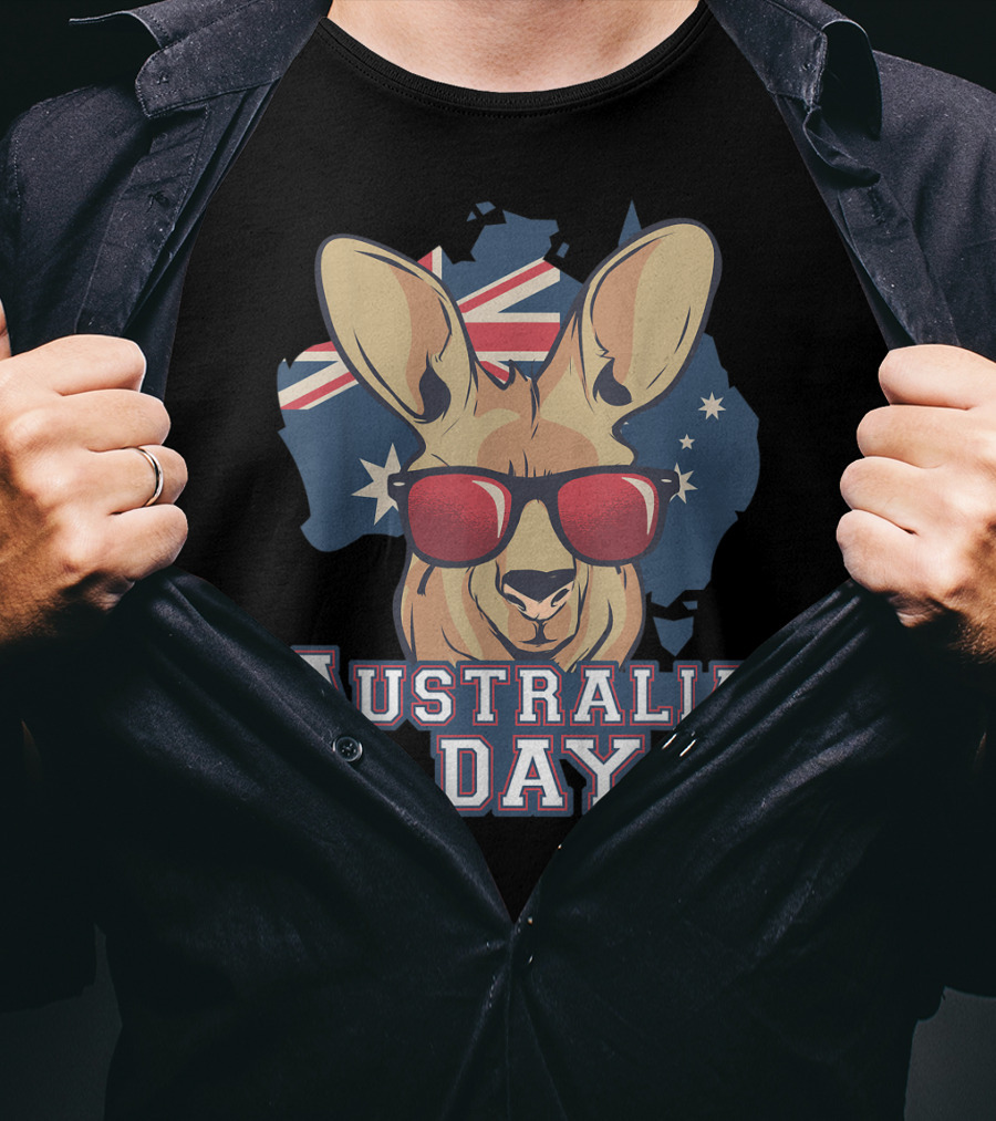 Australia Day Kangaroo With Sunglasses Australian Flag T-Shirt