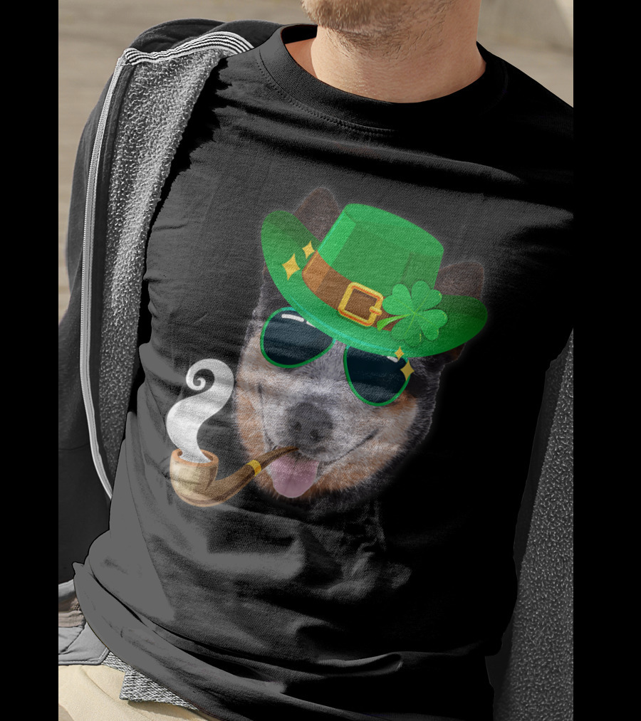 Australian Cattle Dog Leprechaun With Pipe And Shamrock Hat T-Shirt