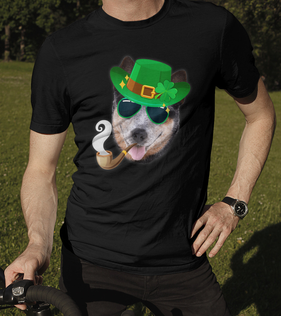 Australian Cattle Dog Leprechaun With Pipe And Shamrock Hat T-Shirt
