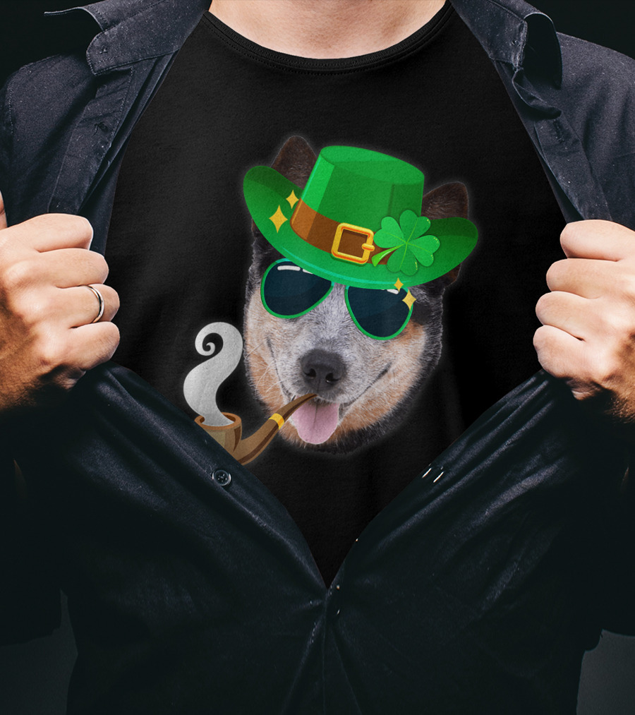 Australian Cattle Dog Leprechaun With Pipe And Shamrock Hat T-Shirt
