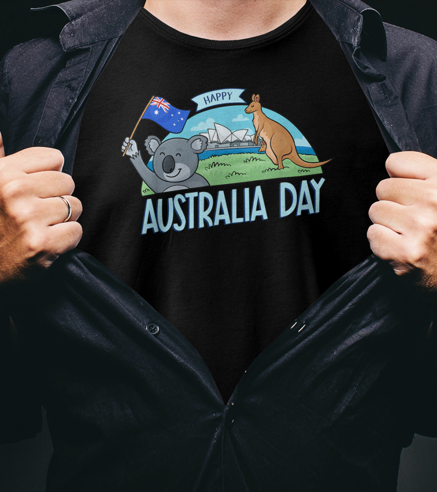 Happy Australia Day Koala Bear And Kangaroo With Australian Flag T-Shirt