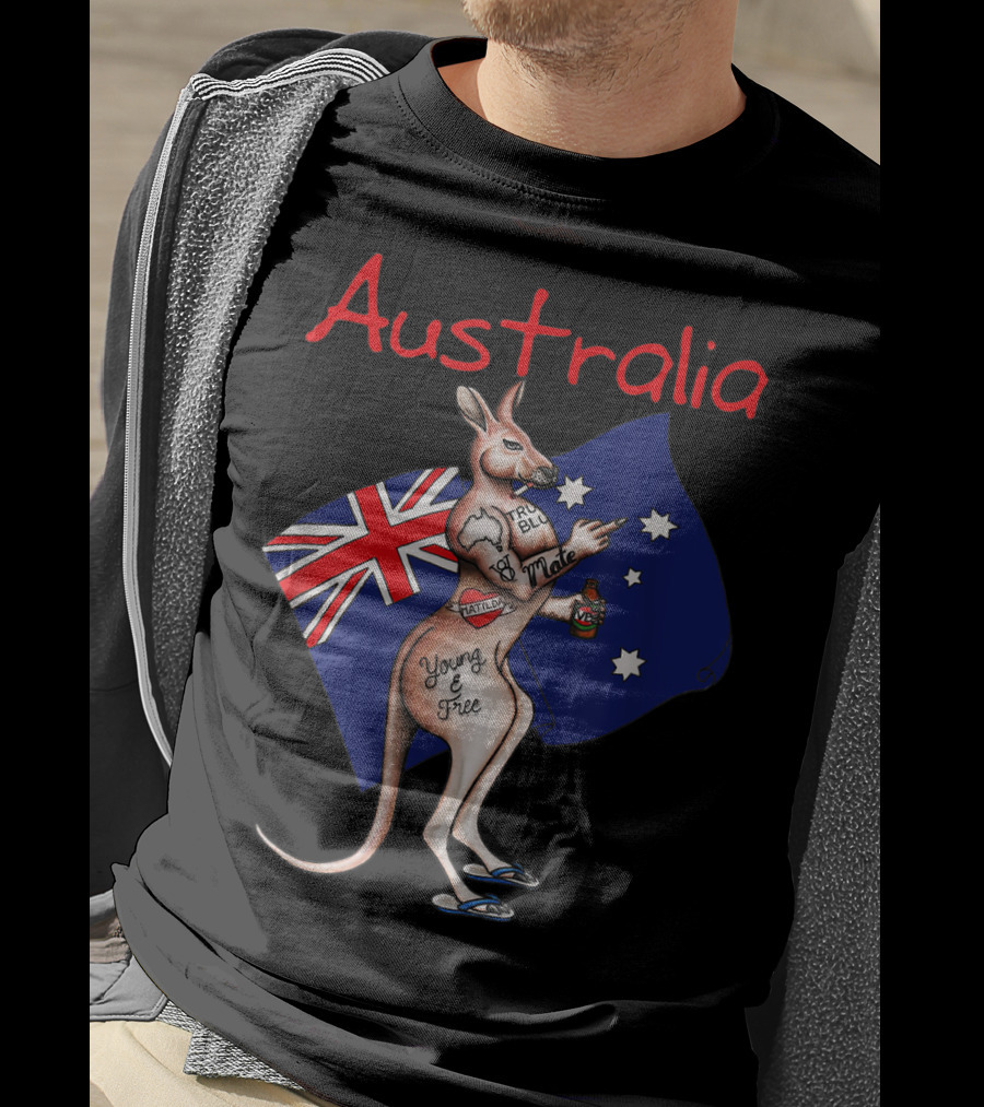 Australia Tattooed Kangaroo Young And Free Flag T-Shirt