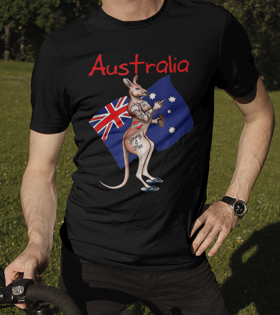 Australia Tattooed Kangaroo Young And Free Flag T-Shirt