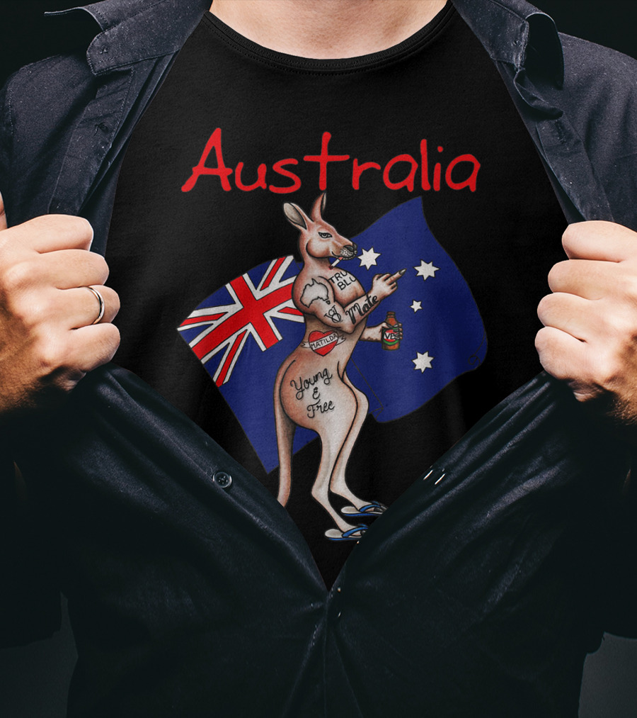 Australia Tattooed Kangaroo Young And Free Flag T-Shirt