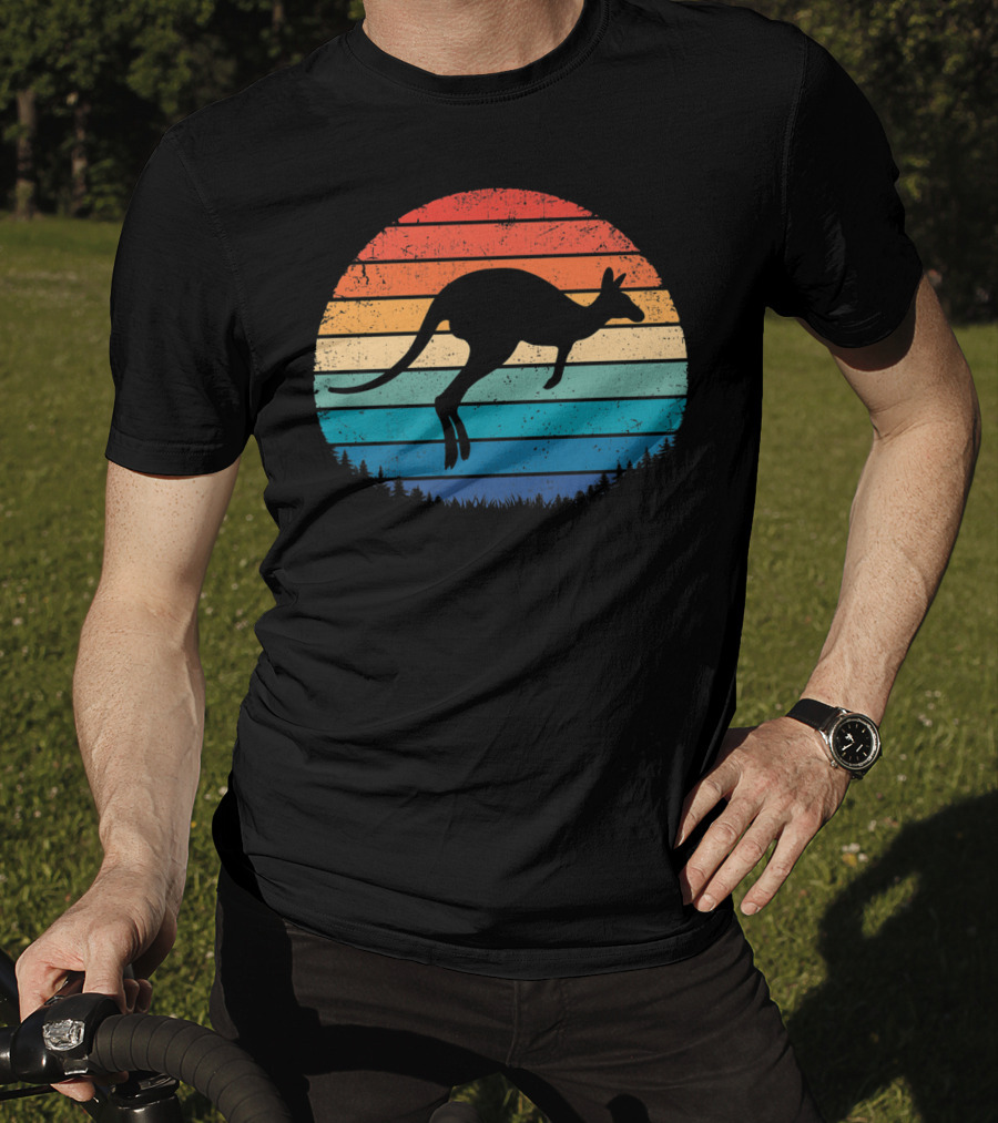 Australia Kangaroo Vintage Sunset Forest Silhouette Retro Stripes T-Shirt